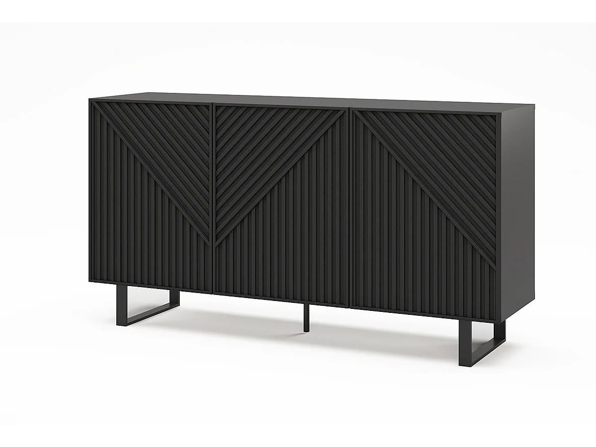 Buffet, meuble de rangement avec 3 portes aspect bois coloris noir, pieds en métal noir- Longueur 150,90 x Profondeur 40 x Hauteur 80 cm