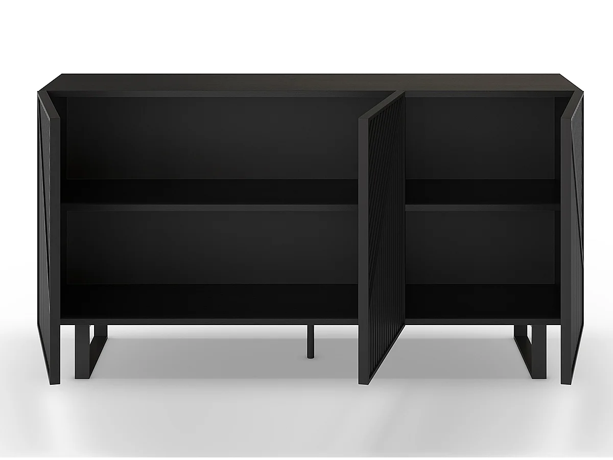 Buffet, meuble de rangement avec 3 portes aspect bois coloris noir, pieds en métal noir- Longueur 150,90 x Profondeur 40 x Hauteur 80 cm