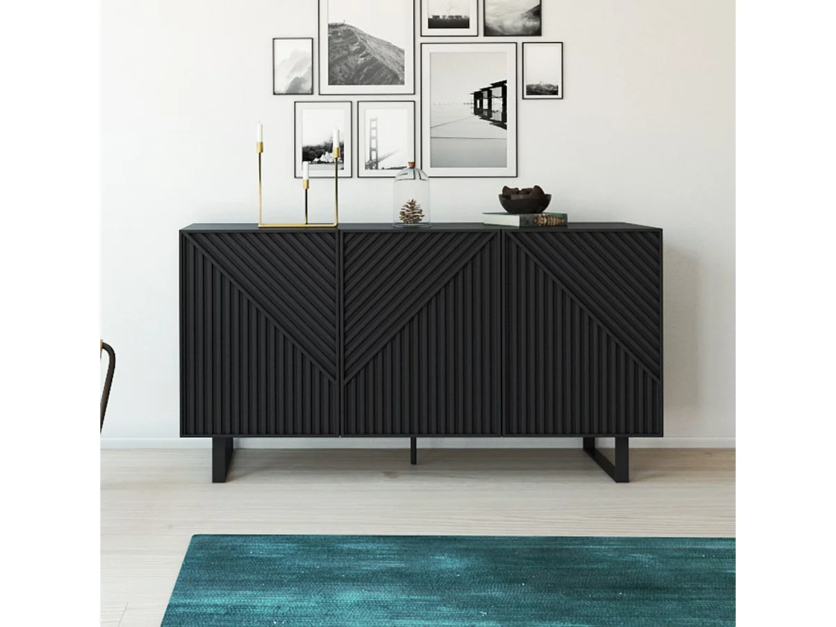 Buffet, meuble de rangement avec 3 portes aspect bois coloris noir, pieds en métal noir- Longueur 150,90 x Profondeur 40 x Hauteur 80 cm