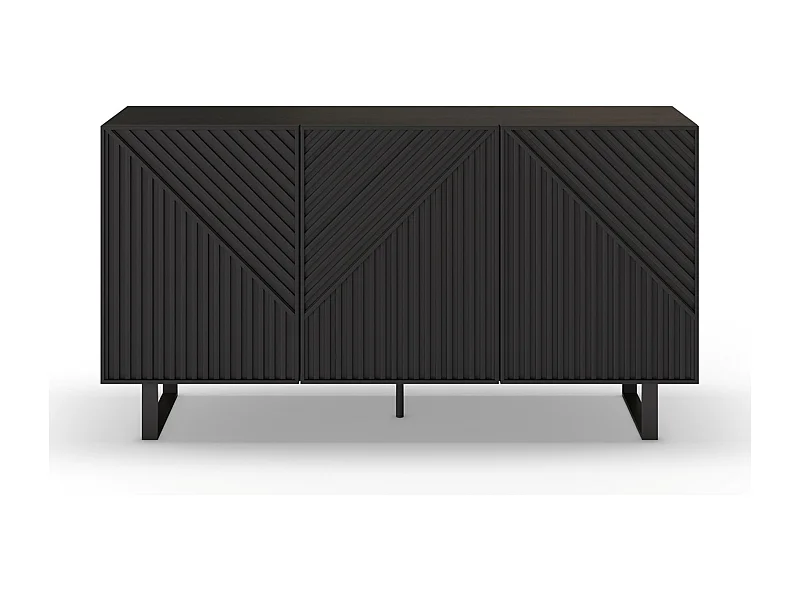 Buffet, meuble de rangement avec 3 portes aspect bois coloris noir, pieds en métal noir- Longueur 150,90 x Profondeur 40 x Hauteur 80 cm
