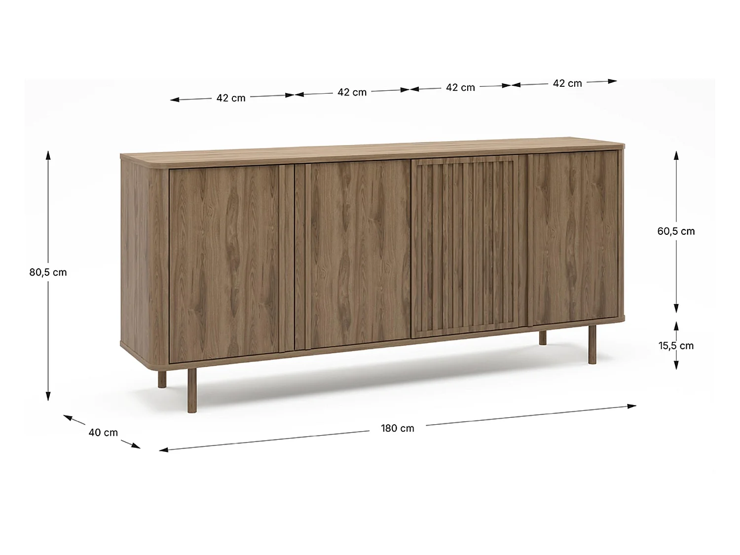 Buffet, meuble de rangement avec 4 portes aspect bois coloris chêne - Longueur 180 x Profondeur 40 x Hauteur 80 cm