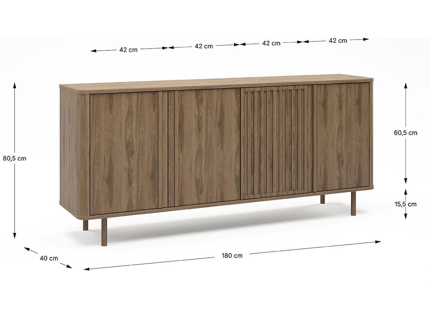 Buffet, meuble de rangement avec 4 portes aspect bois coloris chêne - Longueur 180 x Profondeur 40 x Hauteur 80 cm