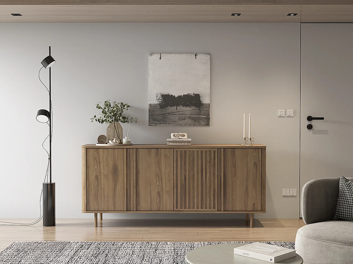 Buffet, meuble de rangement avec 4 portes aspect bois coloris chêne - Longueur 180 x Profondeur 40 x Hauteur 80 cm