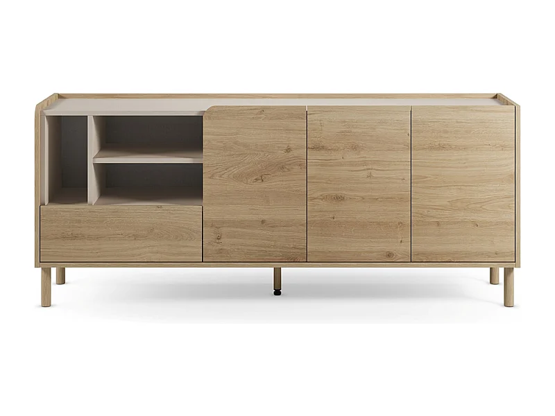 Buffet, meuble de rangement avec 3 portes et 1 tiroir aspect bois coloris chêne- Longueur 180 x Profondeur 44 x Hauteur 75,50 cm