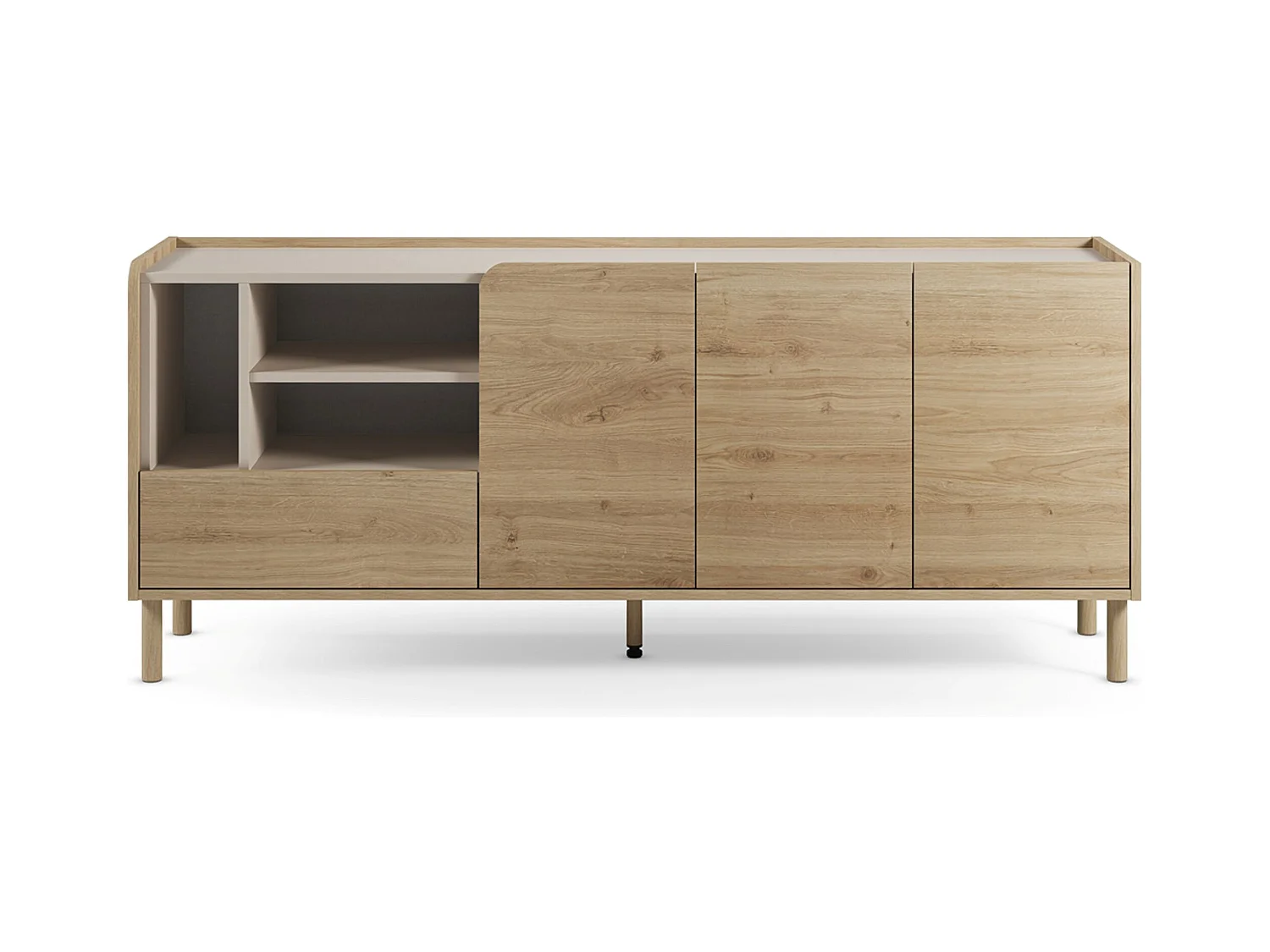 Buffet, meuble de rangement avec 3 portes et 1 tiroir aspect bois coloris chêne- Longueur 180 x Profondeur 44 x Hauteur 75,50 cm