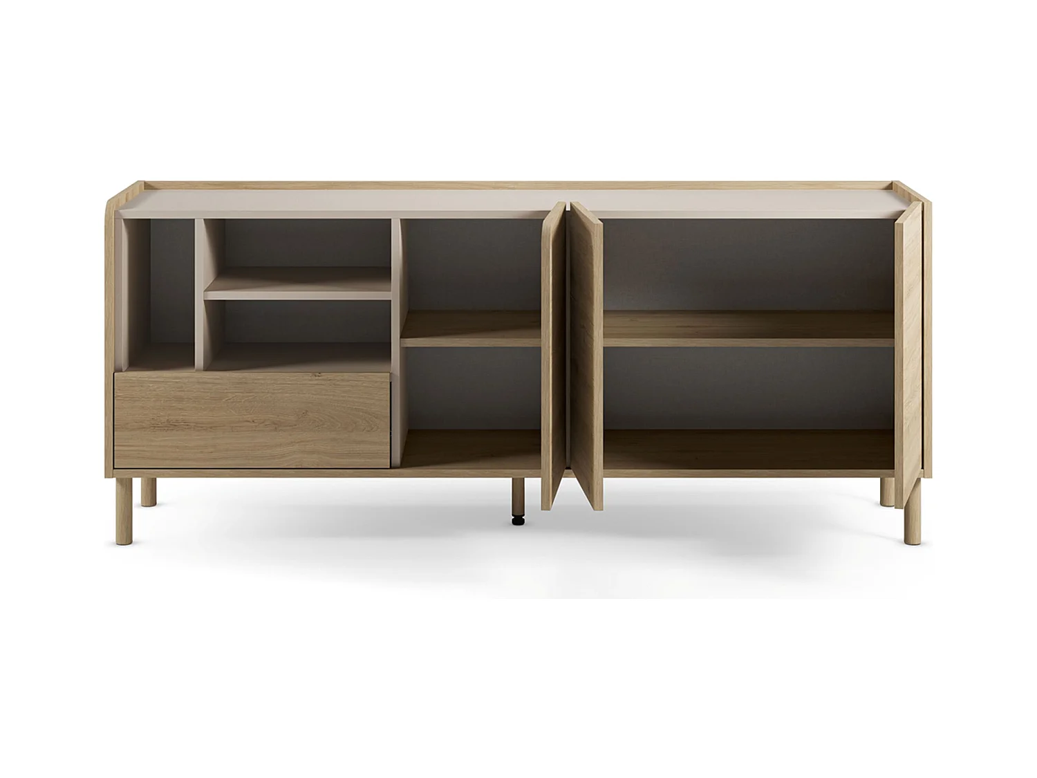 Buffet, meuble de rangement avec 3 portes et 1 tiroir aspect bois coloris chêne- Longueur 180 x Profondeur 44 x Hauteur 75,50 cm