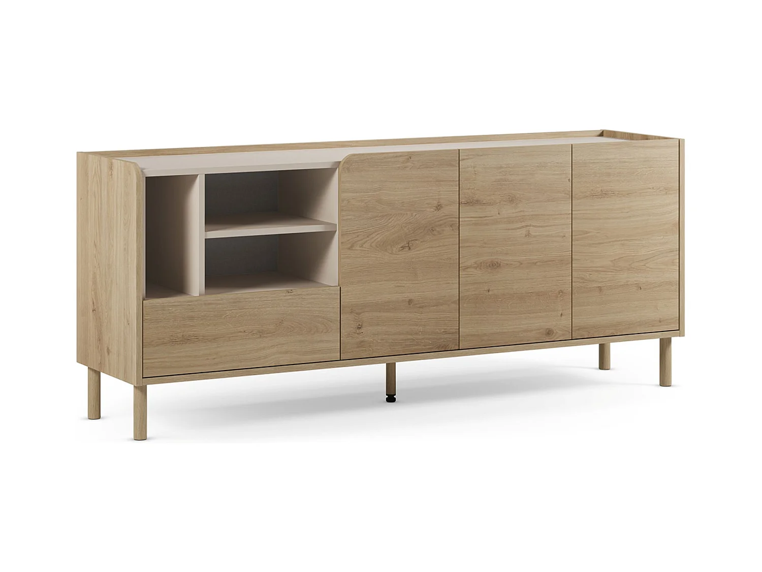 Buffet, meuble de rangement avec 3 portes et 1 tiroir aspect bois coloris chêne- Longueur 180 x Profondeur 44 x Hauteur 75,50 cm