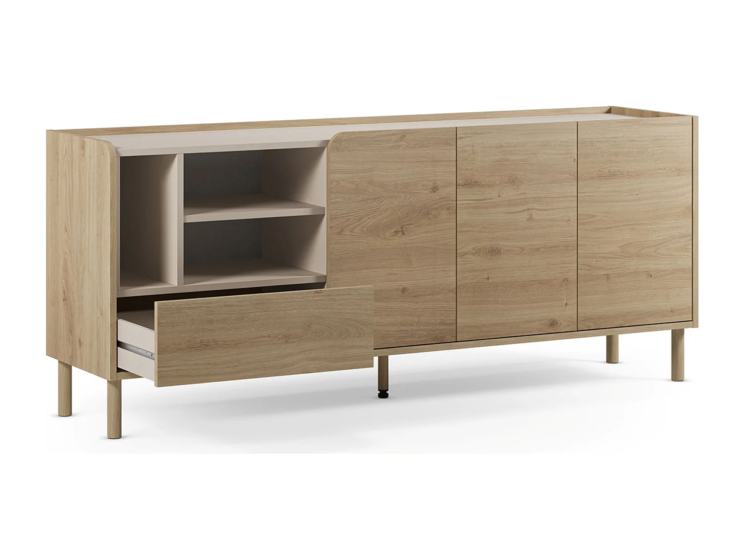 Buffet, meuble de rangement avec 3 portes et 1 tiroir aspect bois coloris chêne- Longueur 180 x Profondeur 44 x Hauteur 75,50 cm