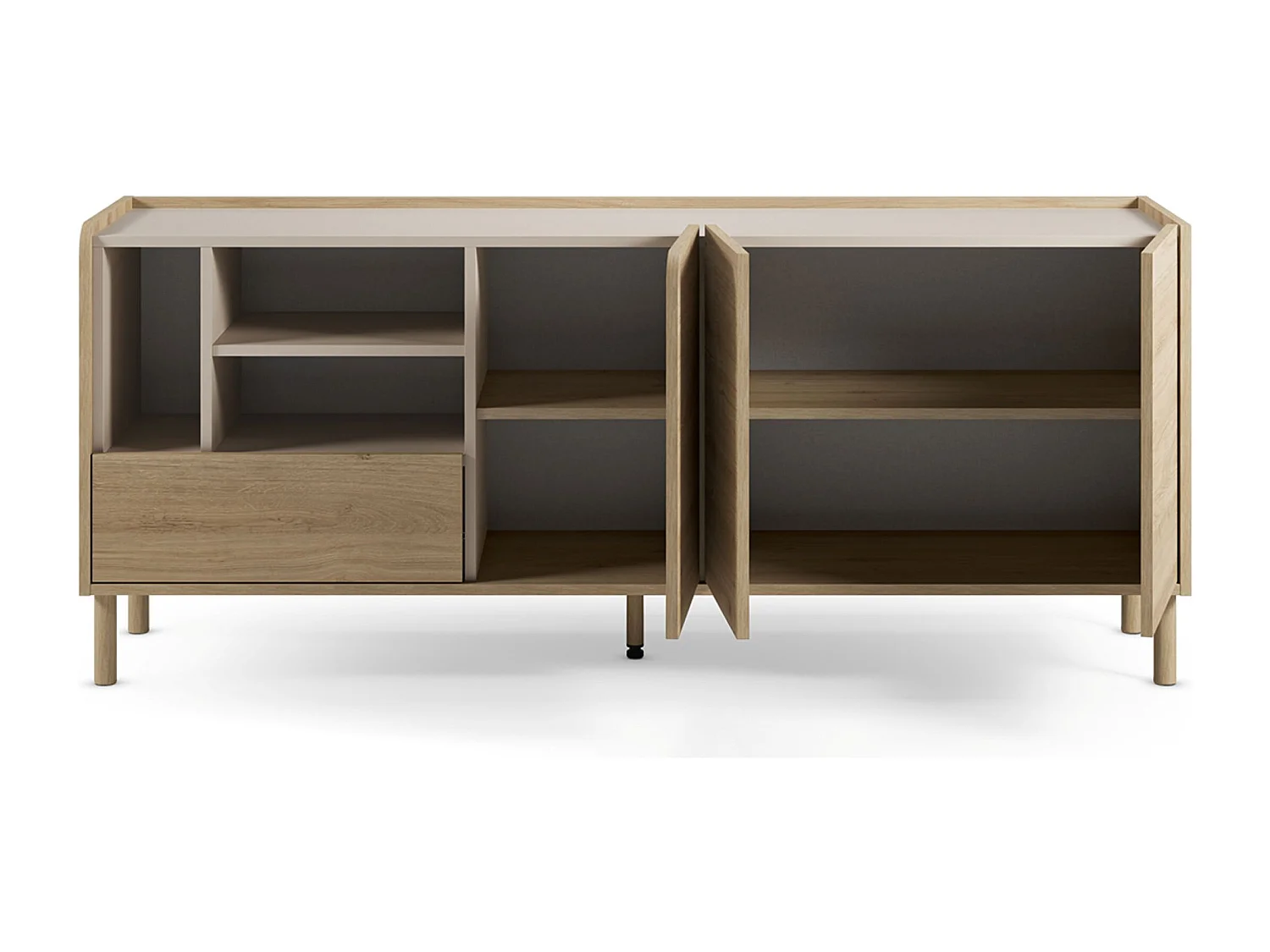 Buffet, meuble de rangement avec 3 portes et 1 tiroir aspect bois coloris chêne- Longueur 180 x Profondeur 44 x Hauteur 75,50 cm