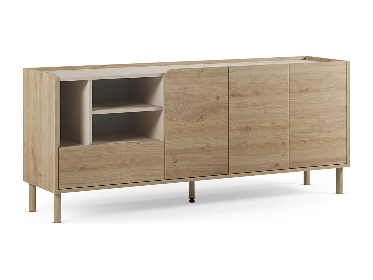 Buffet, meuble de rangement avec 3 portes et 1 tiroir aspect bois coloris chêne- Longueur 180 x Profondeur 44 x Hauteur 75,50 cm