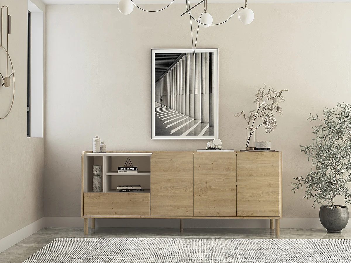 Buffet, meuble de rangement avec 3 portes et 1 tiroir aspect bois coloris chêne- Longueur 180 x Profondeur 44 x Hauteur 75,50 cm