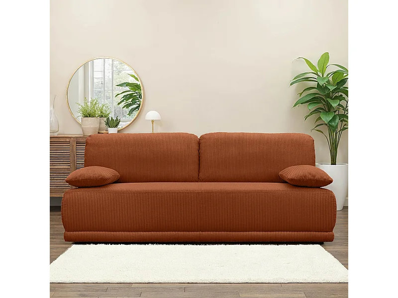 Banquette convertible 3 places velours côtelé camel avec coffre de rangement - L 192 x P 100 x H 81cm -Nelson