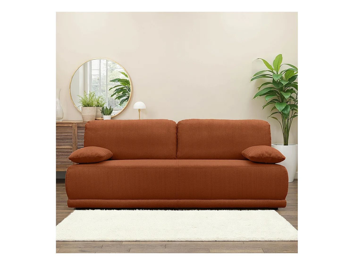 Banquette convertible 3 places velours côtelé camel avec coffre de rangement - L 192 x P 100 x H 81cm -Nelson