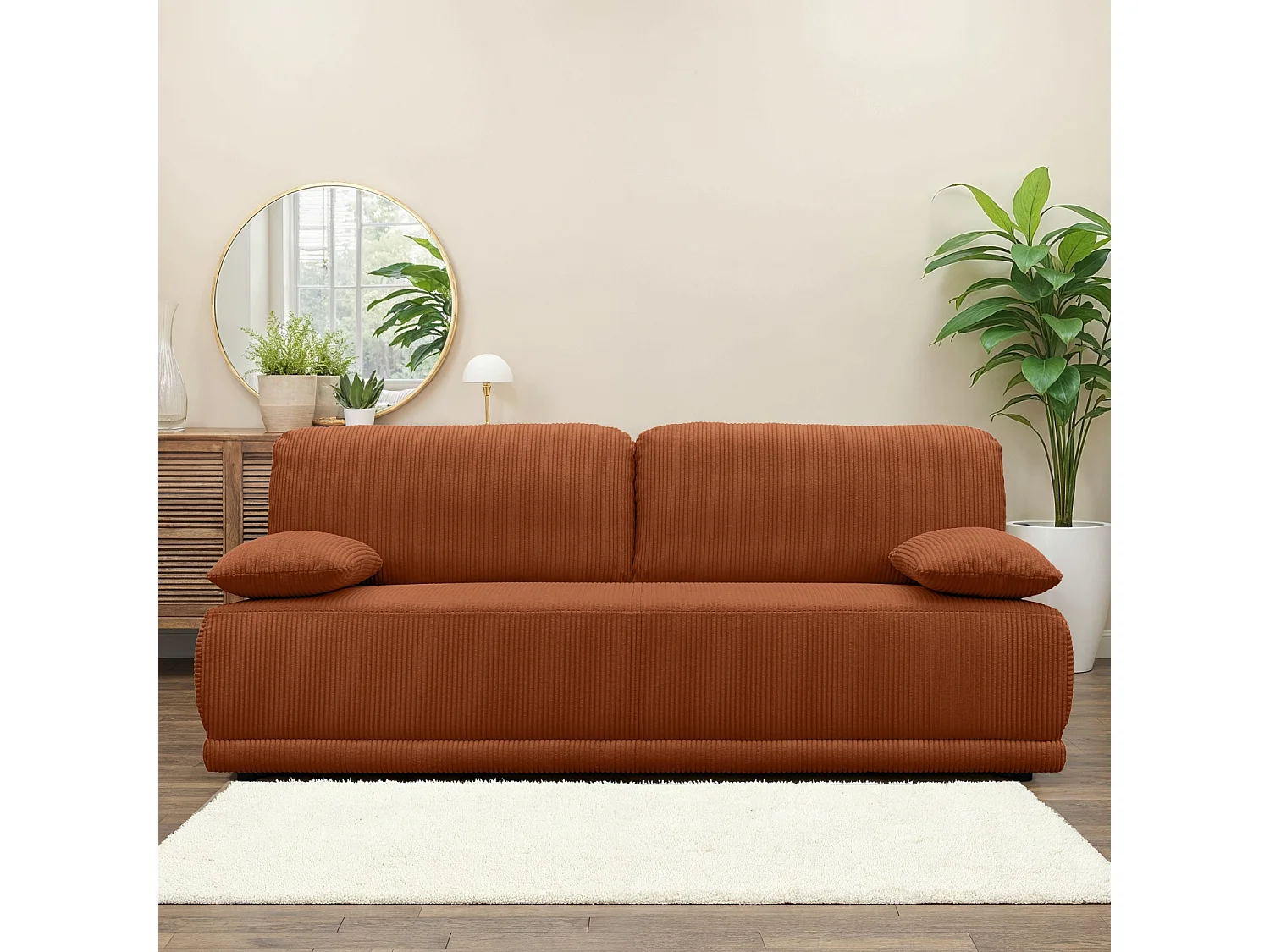 Sofá cama en pana fina con baúl de almacenamiento, 3 plazas camel