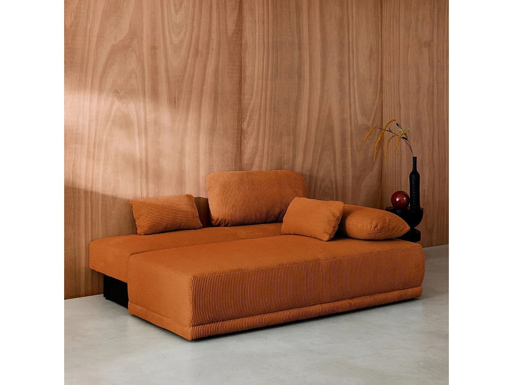 Sofá cama en pana fina con baúl de almacenamiento, 3 plazas camel