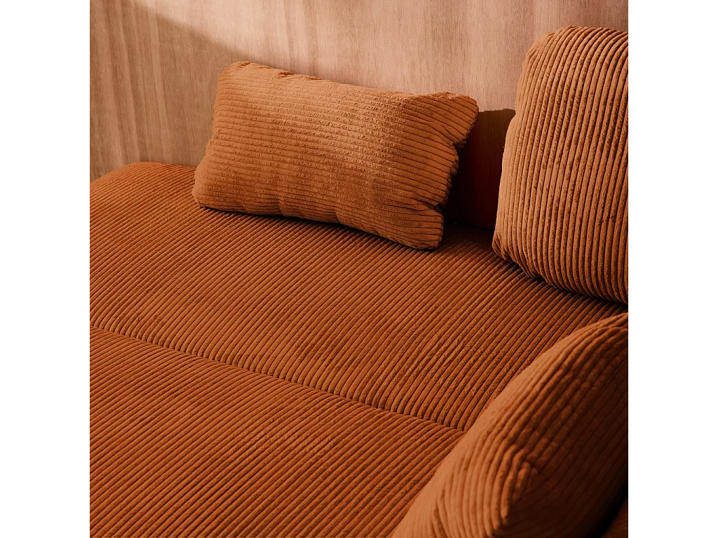 Sofá cama en pana fina con baúl de almacenamiento, 3 plazas camel