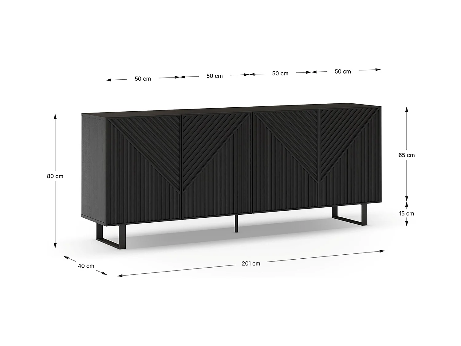 Buffet, meuble de rangement avec 4 portes aspect bois, pieds en métal noir - Longueur 201,20 x Profondeur 40 x Hauteur 80 cm