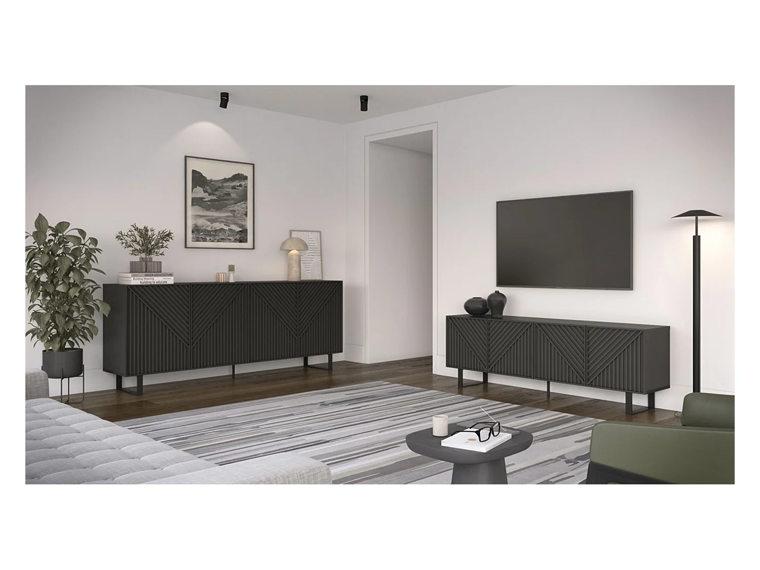 Buffet, meuble de rangement avec 4 portes aspect bois, pieds en métal noir - Longueur 201,20 x Profondeur 40 x Hauteur 80 cm