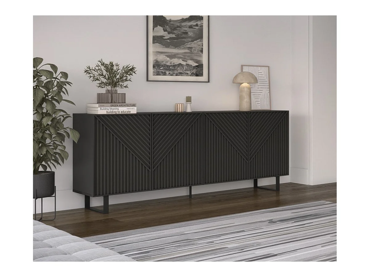 Buffet, meuble de rangement avec 4 portes aspect bois, pieds en métal noir - Longueur 201,20 x Profondeur 40 x Hauteur 80 cm