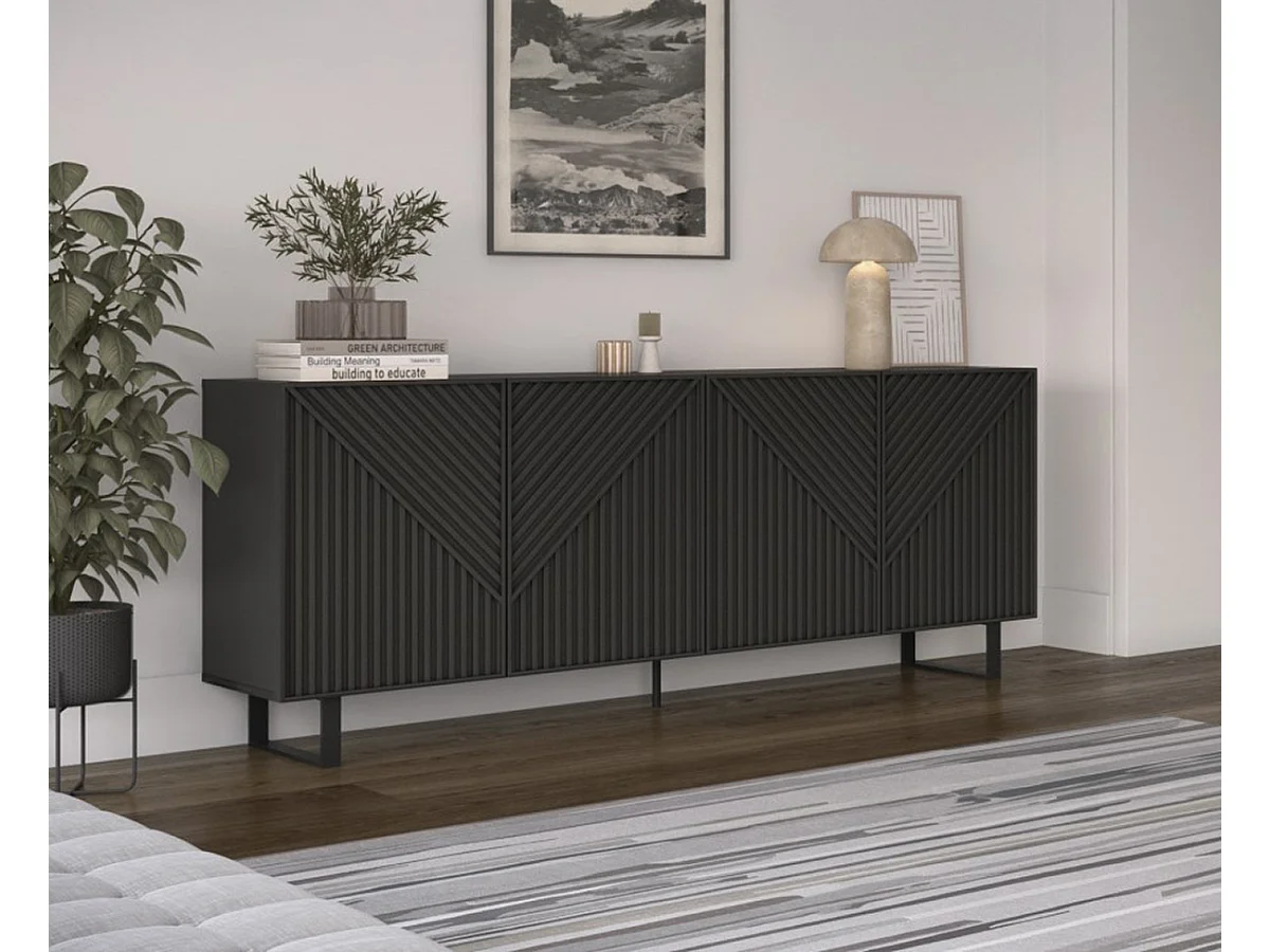 Buffet, meuble de rangement avec 4 portes aspect bois, pieds en métal noir - Longueur 201,20 x Profondeur 40 x Hauteur 80 cm