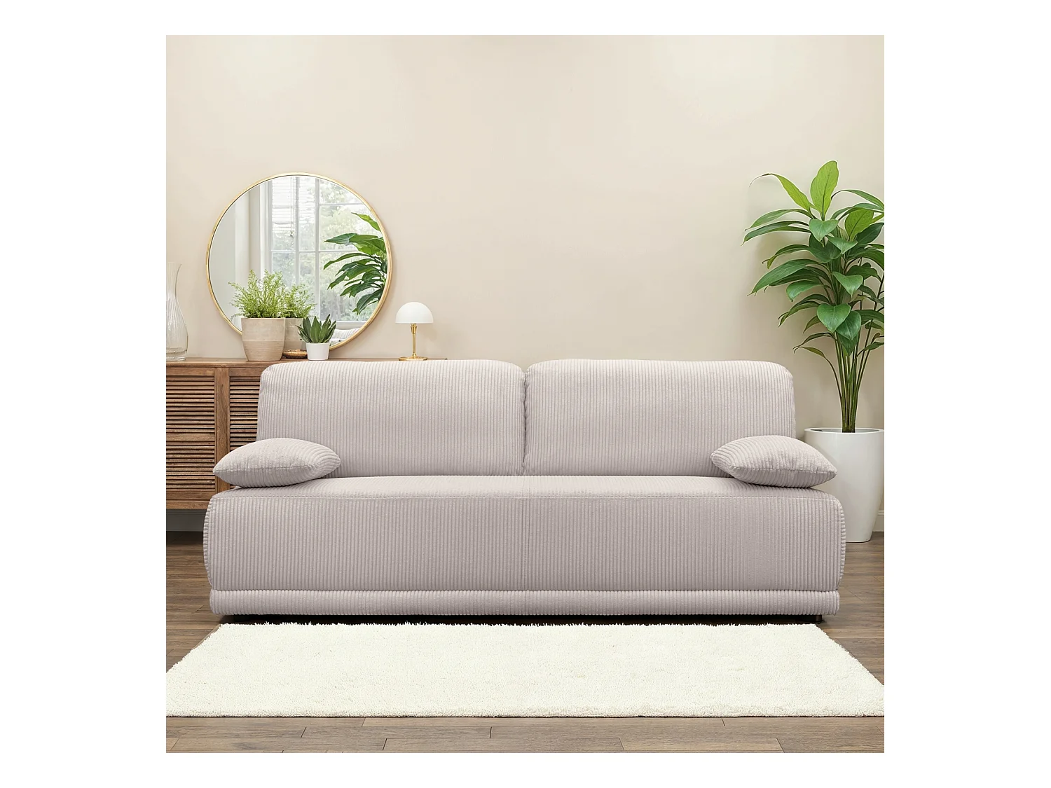 Sofá cama en pana fina con baúl de almacenamiento, 3 plazas gris beige