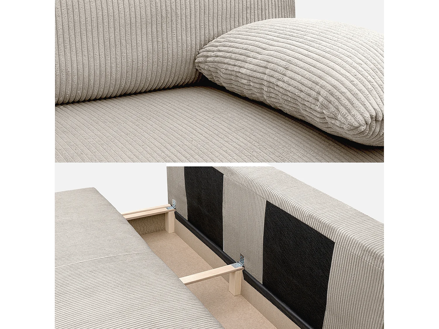 Sofá cama en pana fina con baúl de almacenamiento, 3 plazas gris beige