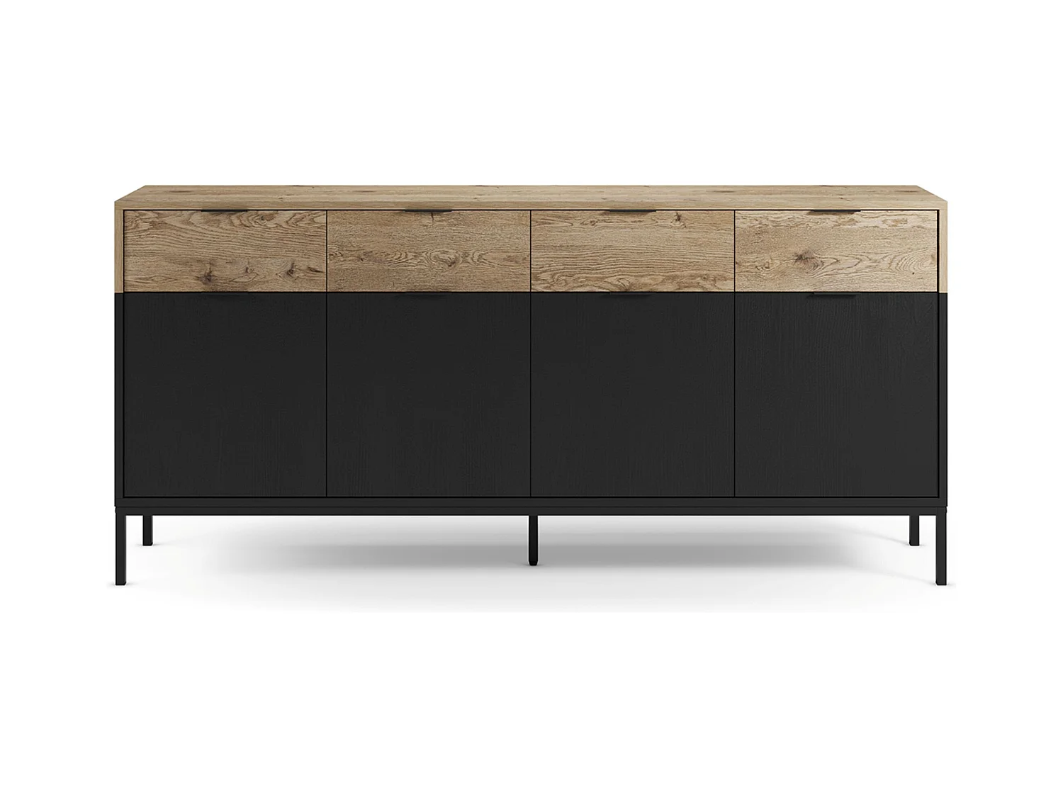 Buffet, meuble de rangement avec 4 portes et 4 tiroirs aspect bois coloris chêne et pieds en métal noir  - Longueur 180 x Profondeur 40 x Hauteur 80 cm