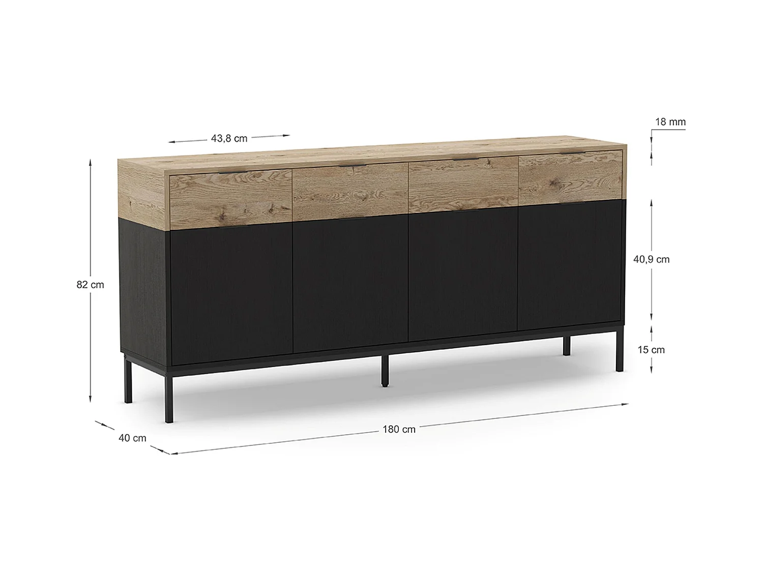 Buffet, meuble de rangement avec 4 portes et 4 tiroirs aspect bois coloris chêne et pieds en métal noir  - Longueur 180 x Profondeur 40 x Hauteur 80 cm