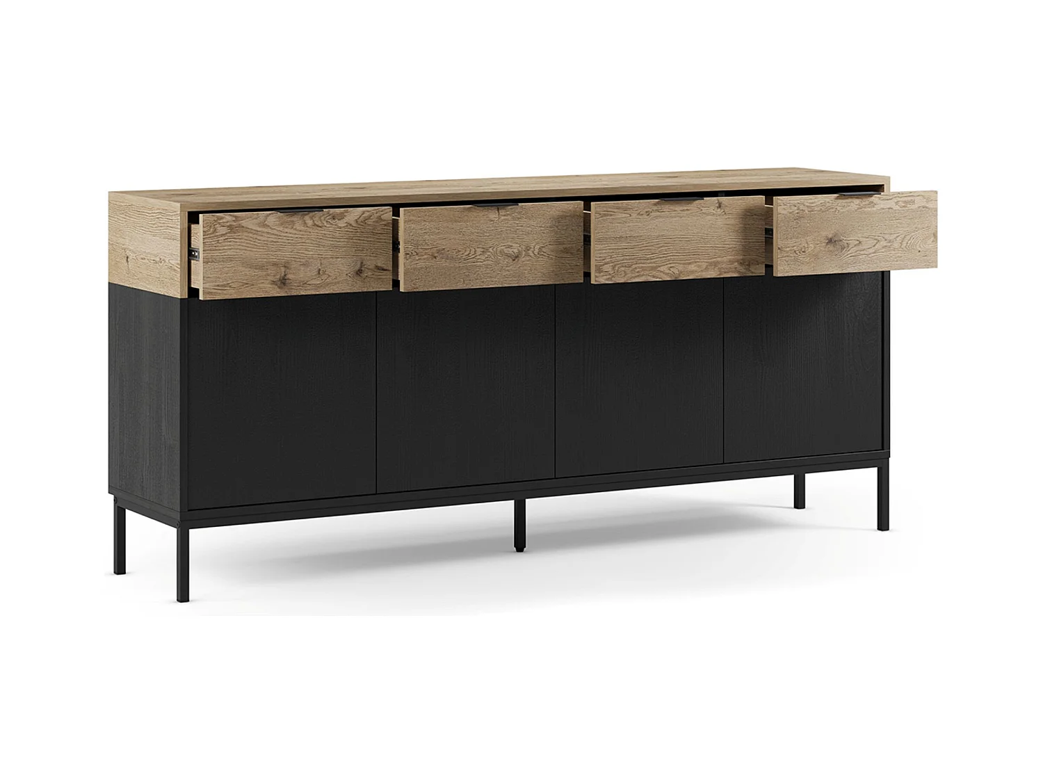 Buffet, meuble de rangement avec 4 portes et 4 tiroirs aspect bois coloris chêne et pieds en métal noir  - Longueur 180 x Profondeur 40 x Hauteur 80 cm