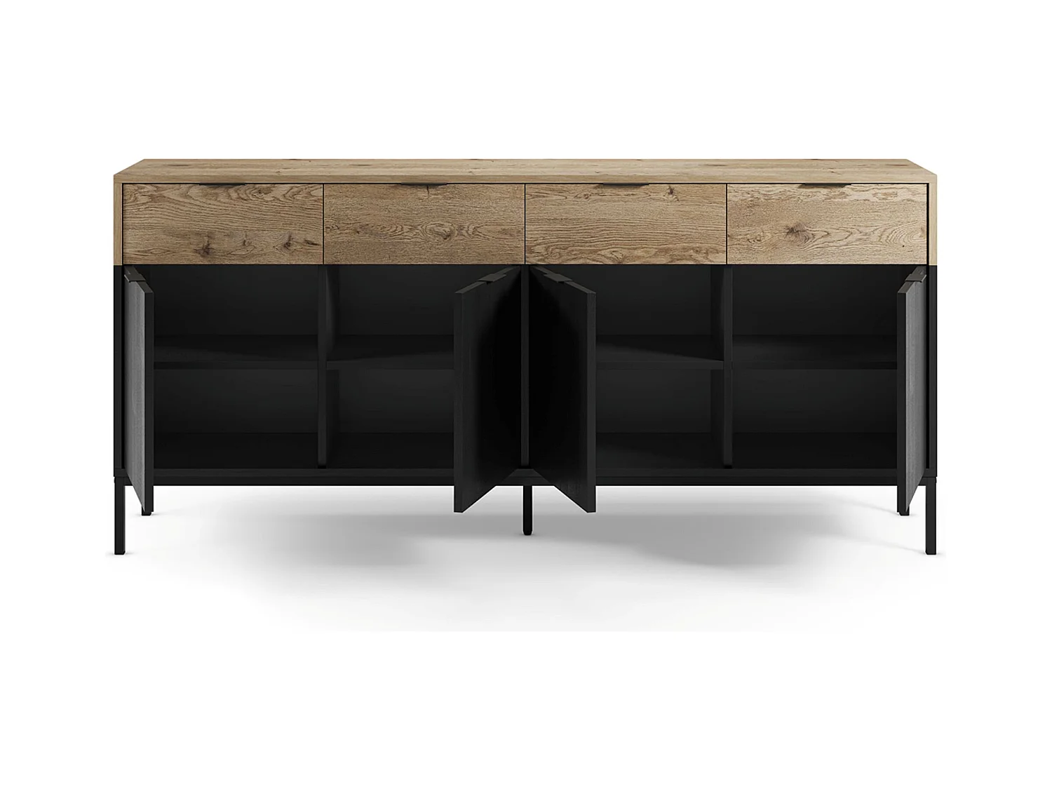 Buffet, meuble de rangement avec 4 portes et 4 tiroirs aspect bois coloris chêne et pieds en métal noir  - Longueur 180 x Profondeur 40 x Hauteur 80 cm
