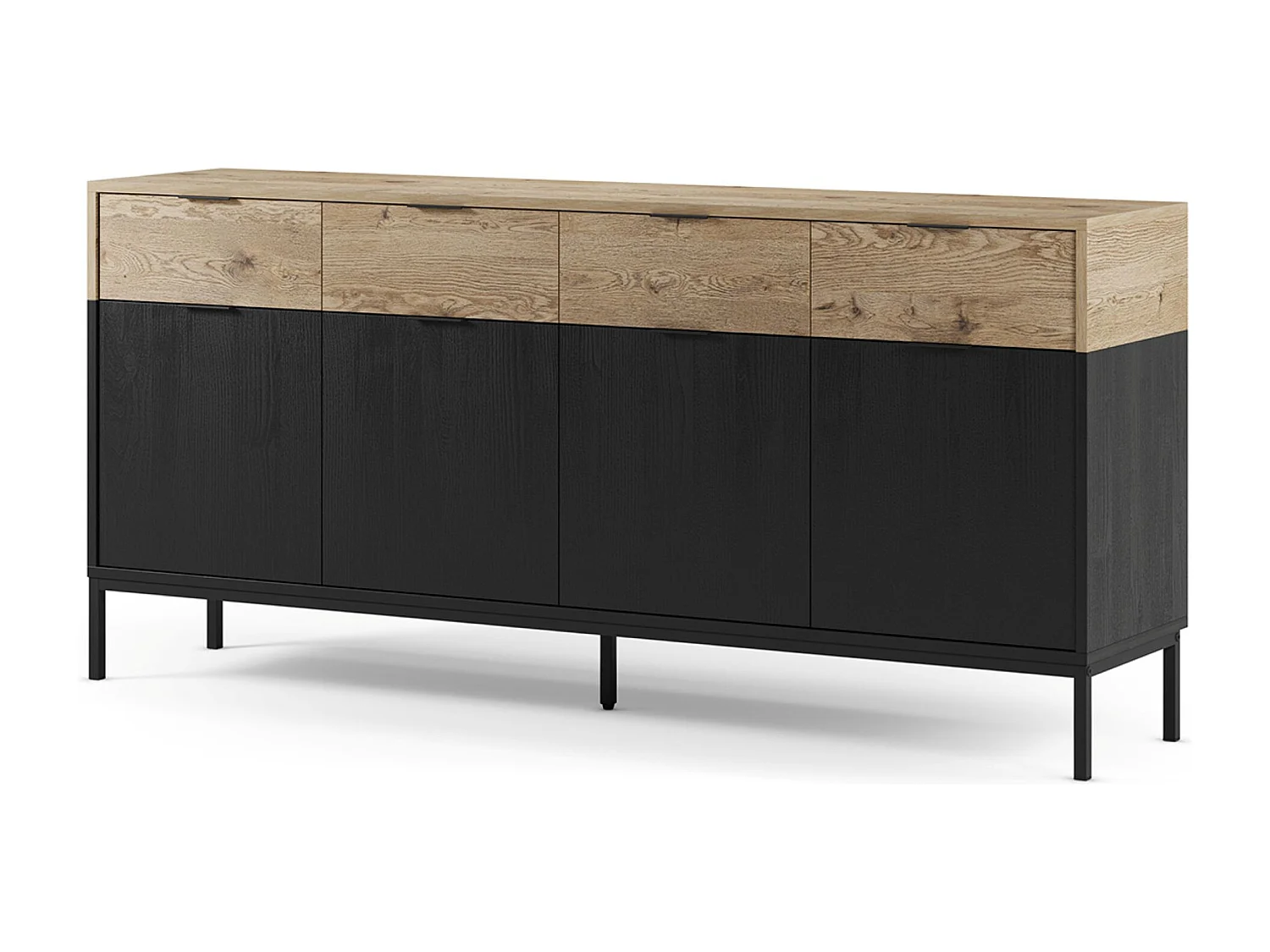 Buffet, meuble de rangement avec 4 portes et 4 tiroirs aspect bois coloris chêne et pieds en métal noir  - Longueur 180 x Profondeur 40 x Hauteur 80 cm