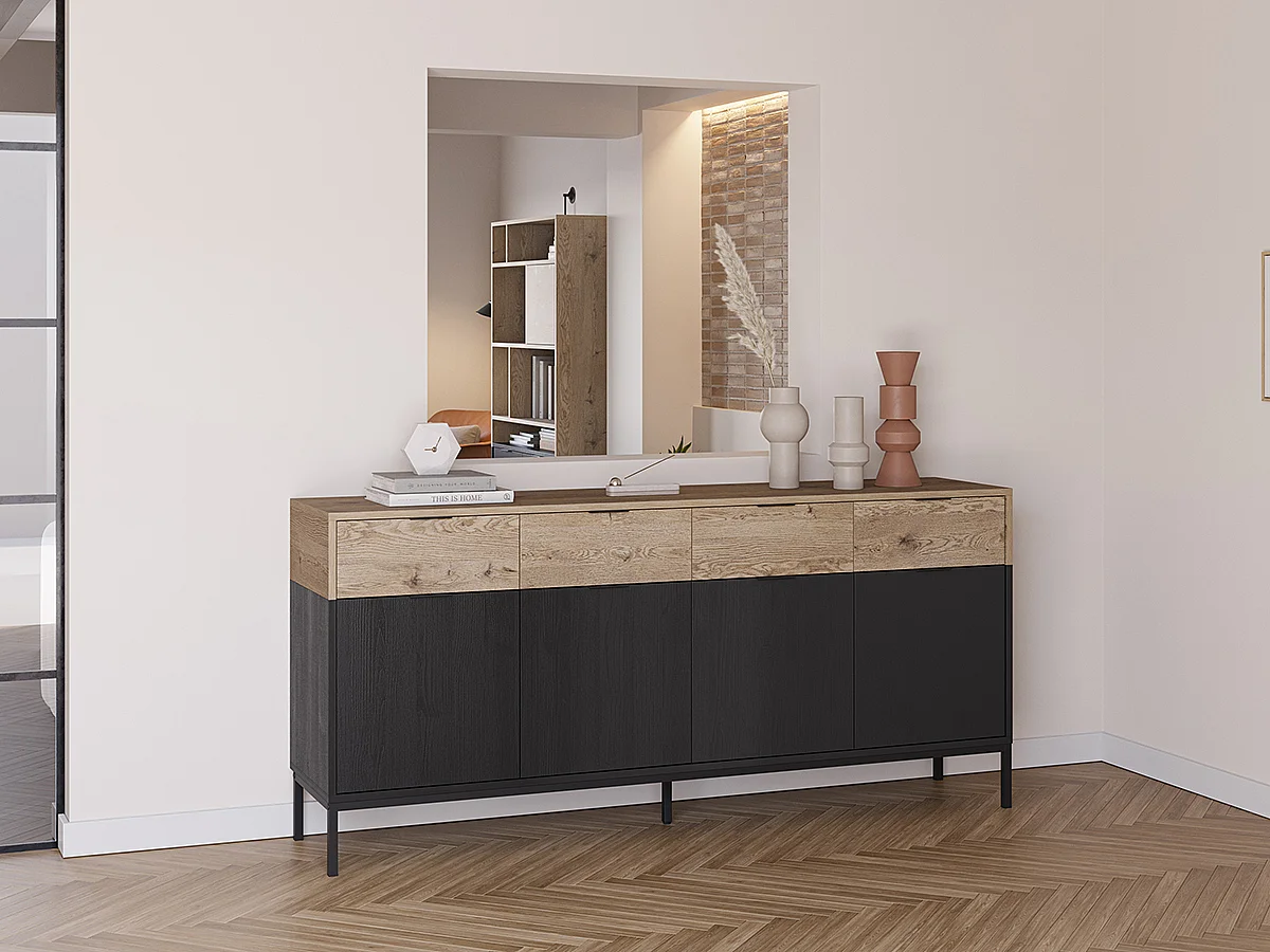 Buffet, meuble de rangement avec 4 portes et 4 tiroirs aspect bois coloris chêne et pieds en métal noir  - Longueur 180 x Profondeur 40 x Hauteur 80 cm
