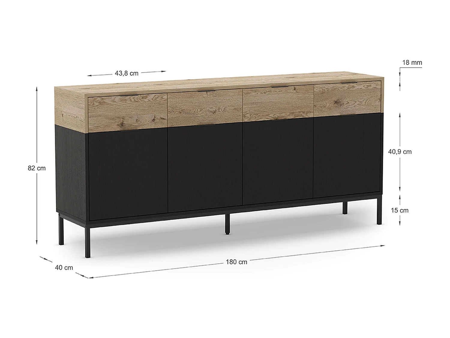 Buffet, meuble de rangement avec 4 portes et 4 tiroirs aspect bois coloris chêne et pieds en métal noir  - Longueur 180 x Profondeur 40 x Hauteur 80 cm