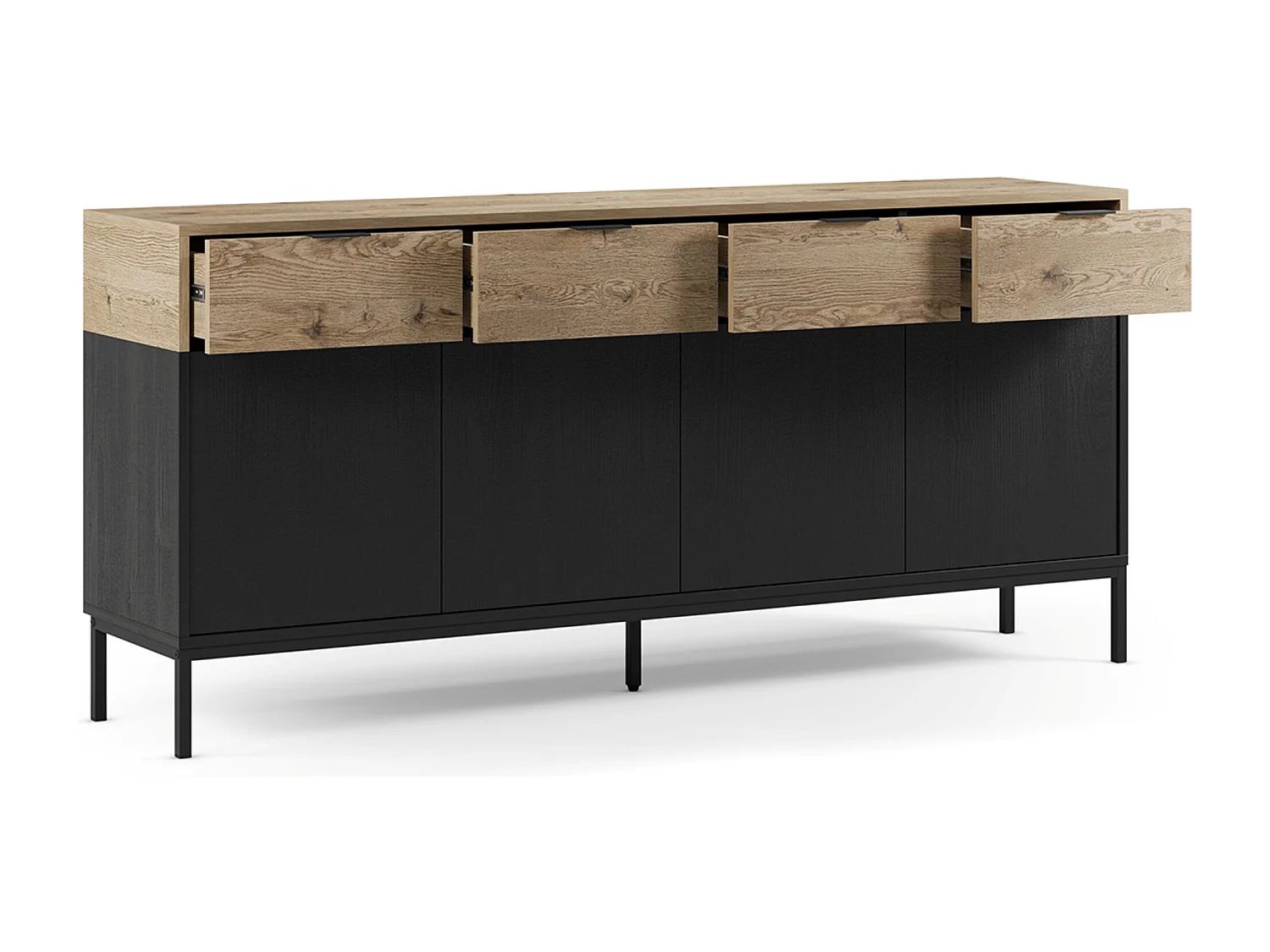 Buffet, meuble de rangement avec 4 portes et 4 tiroirs aspect bois coloris chêne et pieds en métal noir  - Longueur 180 x Profondeur 40 x Hauteur 80 cm