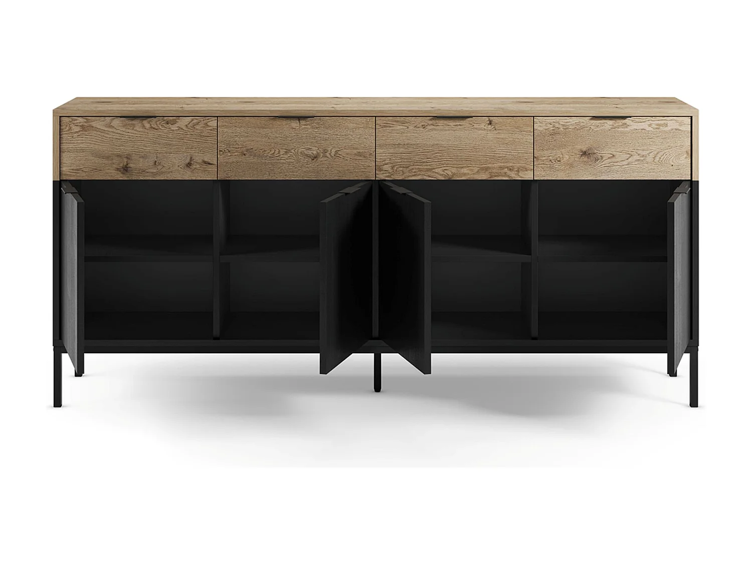 Buffet, meuble de rangement avec 4 portes et 4 tiroirs aspect bois coloris chêne et pieds en métal noir  - Longueur 180 x Profondeur 40 x Hauteur 80 cm