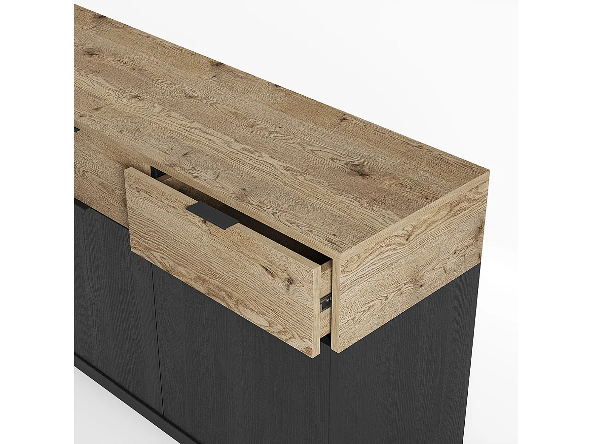 Buffet, meuble de rangement avec 4 portes et 4 tiroirs aspect bois coloris chêne et pieds en métal noir  - Longueur 180 x Profondeur 40 x Hauteur 80 cm