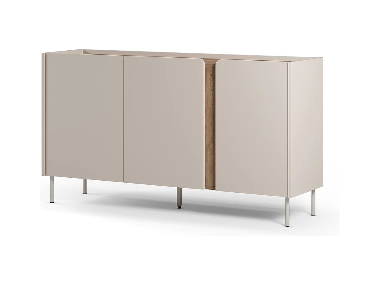 Buffet, meuble de rangement avec 3 portes aspect bois coloris crème, chêne et pieds en métal - Longueur 150 x Profondeur 40,5 x Hauteur 82,50 cm