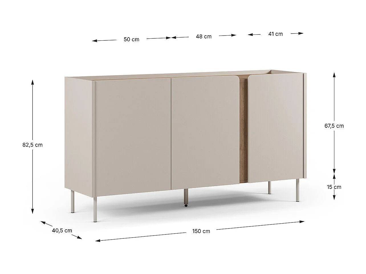 Buffet, meuble de rangement avec 3 portes aspect bois coloris crème, chêne et pieds en métal - Longueur 150 x Profondeur 40,5 x Hauteur 82,50 cm