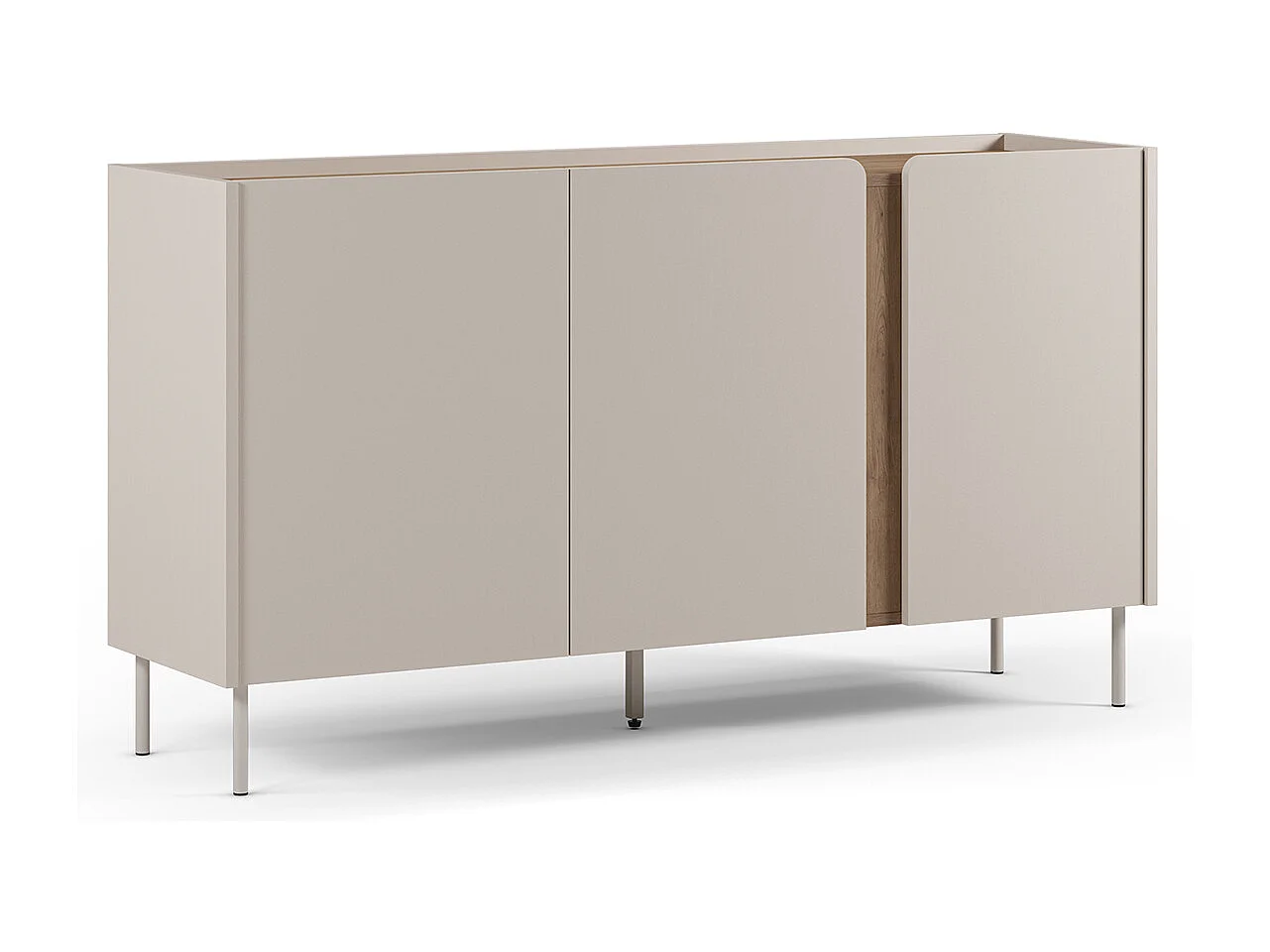 Buffet, meuble de rangement avec 3 portes aspect bois coloris crème, chêne et pieds en métal - Longueur 150 x Profondeur 40,5 x Hauteur 82,50 cm