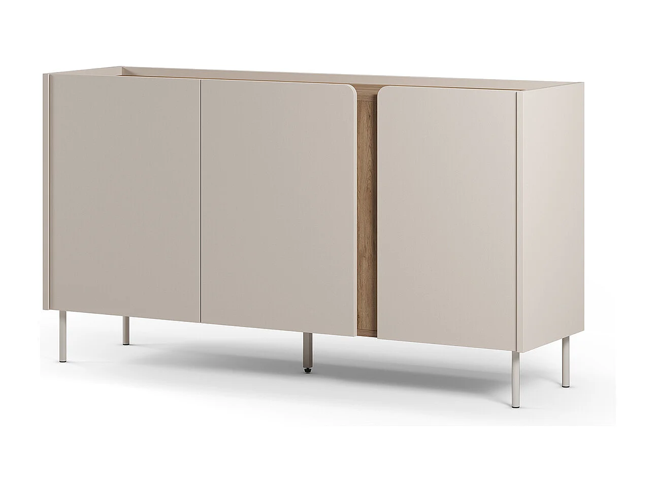 Buffet, meuble de rangement avec 3 portes aspect bois coloris crème, chêne et pieds en métal - Longueur 150 x Profondeur 40,5 x Hauteur 82,50 cm
