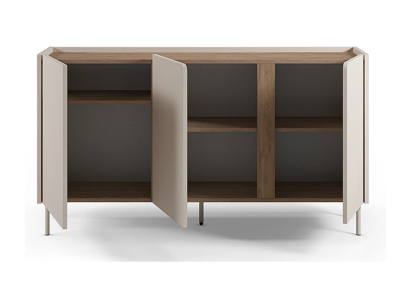 Buffet, meuble de rangement avec 3 portes aspect bois coloris crème, chêne et pieds en métal - Longueur 150 x Profondeur 40,5 x Hauteur 82,50 cm