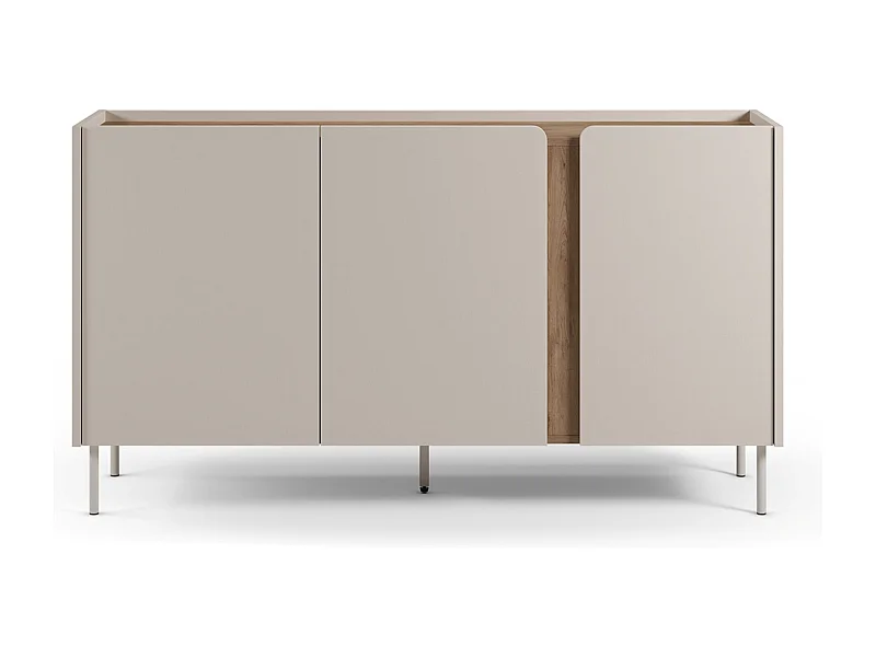 Buffet, meuble de rangement avec 3 portes aspect bois coloris crème, chêne et pieds en métal - Longueur 150 x Profondeur 40,5 x Hauteur 82,50 cm
