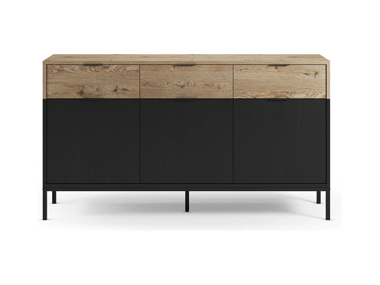 Buffet, meuble de rangement avec 3 portes et 3 tiroirs aspect bois coloris chêne et pieds en métal noir - Longueur 150 x Profondeur 40 x Hauteur 80 cm