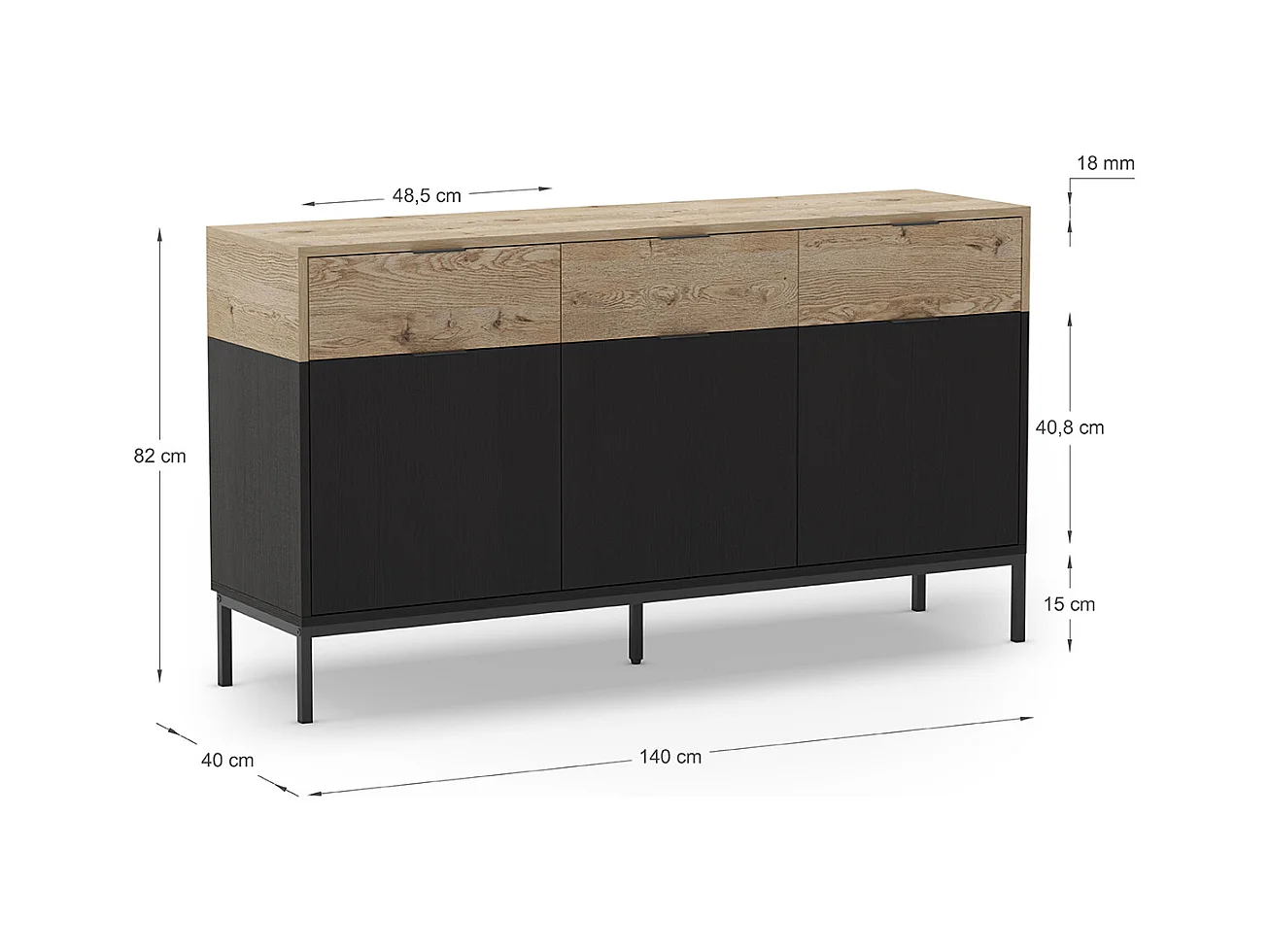 Buffet, meuble de rangement avec 3 portes et 3 tiroirs aspect bois coloris chêne et pieds en métal noir - Longueur 150 x Profondeur 40 x Hauteur 80 cm