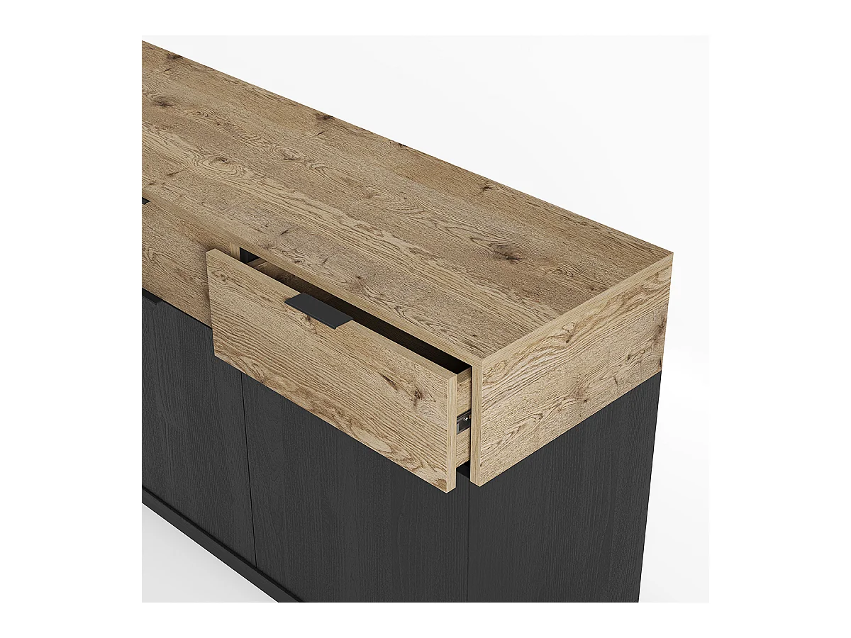 Buffet, meuble de rangement avec 3 portes et 3 tiroirs aspect bois coloris chêne et pieds en métal noir - Longueur 150 x Profondeur 40 x Hauteur 80 cm