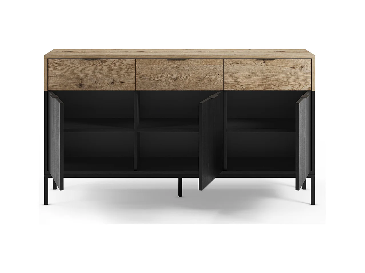 Buffet, meuble de rangement avec 3 portes et 3 tiroirs aspect bois coloris chêne et pieds en métal noir - Longueur 150 x Profondeur 40 x Hauteur 80 cm