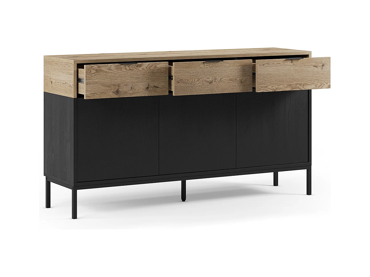 Buffet, meuble de rangement avec 3 portes et 3 tiroirs aspect bois coloris chêne et pieds en métal noir - Longueur 150 x Profondeur 40 x Hauteur 80 cm