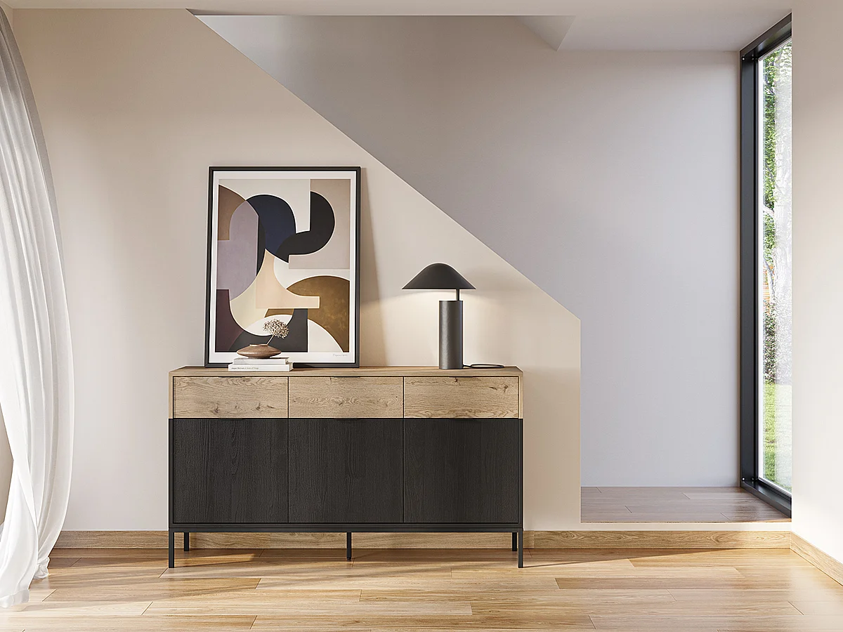 Buffet, meuble de rangement avec 3 portes et 3 tiroirs aspect bois coloris chêne et pieds en métal noir - Longueur 150 x Profondeur 40 x Hauteur 80 cm