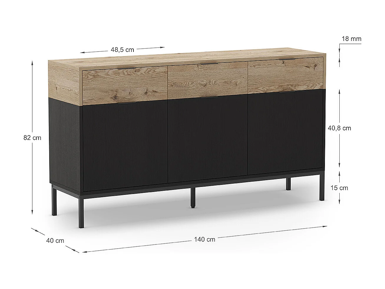 Buffet, meuble de rangement avec 3 portes et 3 tiroirs aspect bois coloris chêne et pieds en métal noir - Longueur 150 x Profondeur 40 x Hauteur 80 cm