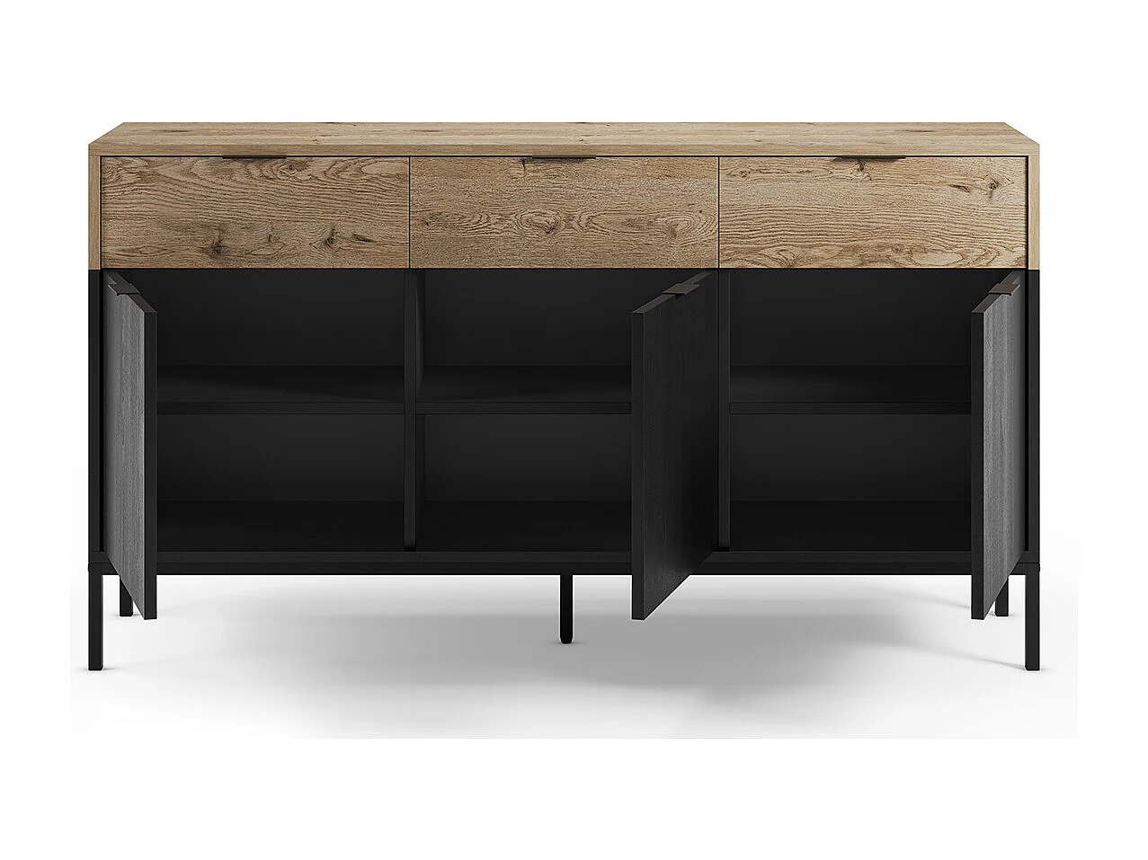 Buffet, meuble de rangement avec 3 portes et 3 tiroirs aspect bois coloris chêne et pieds en métal noir - Longueur 150 x Profondeur 40 x Hauteur 80 cm